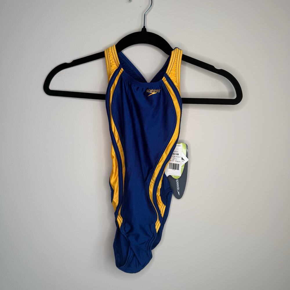 Speedo Girls Quantum Splice One Piece Swimsuit Youth 22 Navy Gold Racing NWT